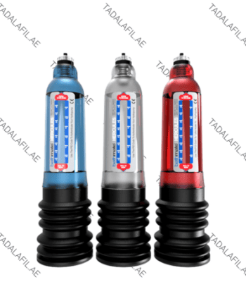 Bathmate Hercules Men Pump devices in blue, silver, and red on white background