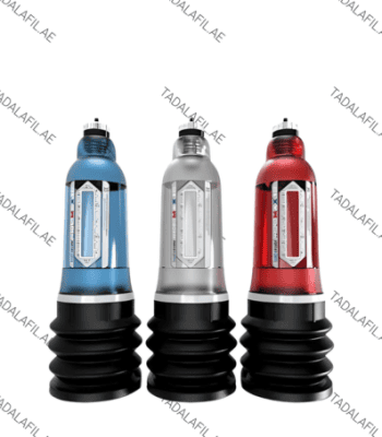 Three vacuum therapy pump devices in blue, silver, and red colors with accordion-style bases for enhanced pressure control.