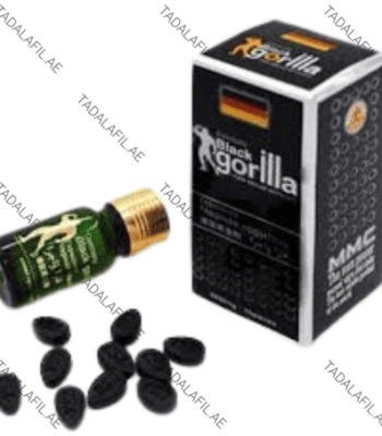 Black Gorilla Male Sex Stimulant Pills bottle, box, and black tablets on white background