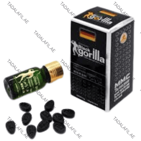 Black Gorilla Male Sex Stimulant Pills bottle, box, and black tablets on white background