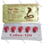 Cobra 120mg sildenafil tablets blister pack with red tablets on white background