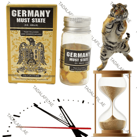 Germany Must State Power Pills bottle and packaging with promotional graphics on white background
