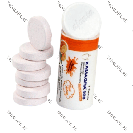 Kamagra Effervescent 100 tablet tube and stacked tablets on white background