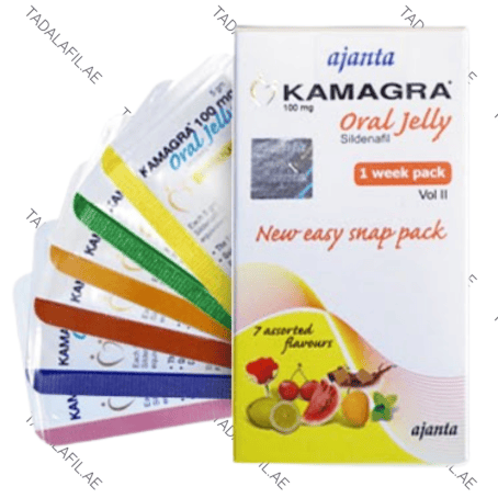 Kamagra Oral Jelly Vol 2 assorted sachets and packaging box on white background