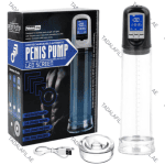 LED Rechargeable Penis Pump with LCD screen, accessories, and packaging on white background