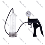 Pistol Penis Pump with pressure gauge and transparent cylinder on white background