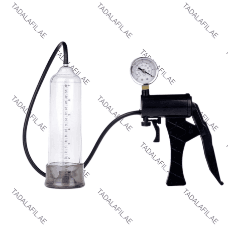 Pistol Penis Pump with pressure gauge and transparent cylinder on white background