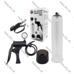 Pistol Penis Pump with gauge, accessories, and packaging box on white background