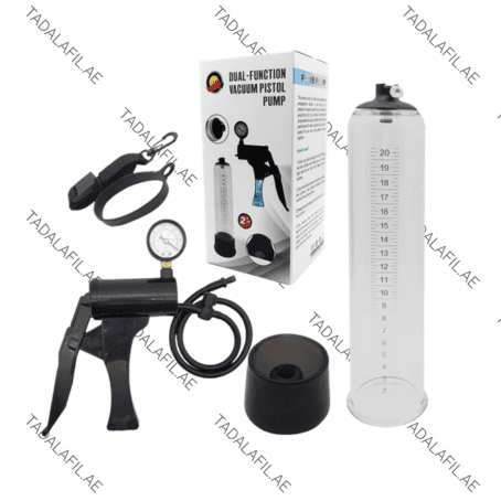 Pistol Penis Pump with gauge, accessories, and packaging box on white background