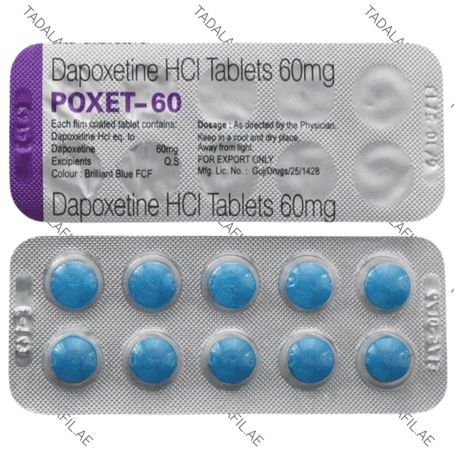 Poxet 60mg Dapoxetine HCI tablets blister pack on white background