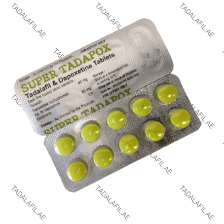 Super Tadapox tadalafil and dapoxetine tablets blister pack on white background