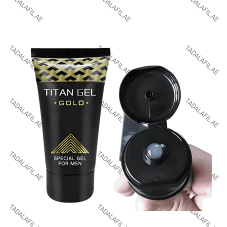 Titan Gel Gold special gel for men tube with open cap on white background