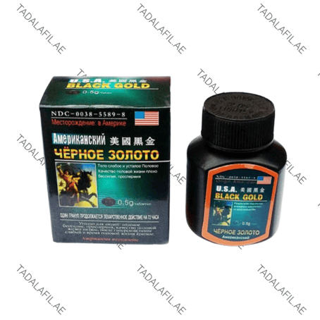 USA Black Gold Power Pills bottle and packaging on white background