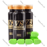 V8 Pills for Sex Delay bottles and green tablets on white background