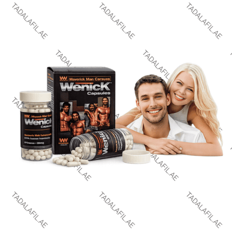 Wenick Man Best Enlargement Pills bottles, packaging, and couple image on white background