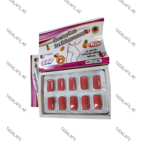 Chewing Gum Sex Enhancement pack with gum tablets on white background