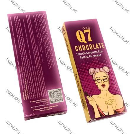 Q7 Chocolate for Women in purple and gold packaging with illustrated woman, Turkish text, QR code, and product details.