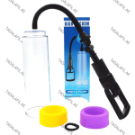 Transparent cylindrical vacuum pump device with a black hand-operated suction handle, flexible hose, yellow and purple silicone sleeves, and product box labeled “High Vacuum Man’s Pump.”