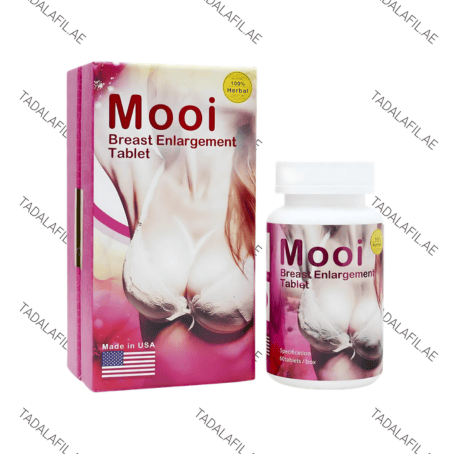 Mooi breast enlargement tablets bottle and packaging on white background