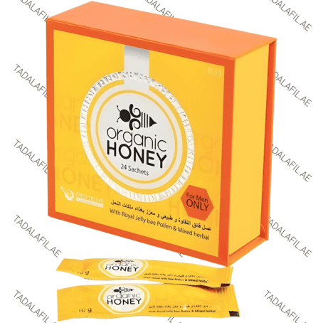 Organic Honey 24 sachets box and sachets on white background