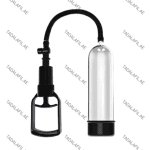 Manual vacuum therapy pump featuring a transparent cylindrical chamber, black hand-operated suction handle, and flexible connecting hose.