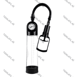 Manual vacuum therapy pump with transparent measuring cylinder, built-in pressure gauge, flexible hose, and black hand-operated suction handle.