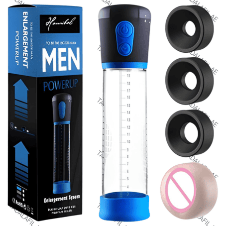 Electric men’s vacuum pump device with transparent measuring cylinder, blue and black control unit, three interchangeable comfort sleeves, and retail packaging labeled “Men Power Up Enlargement System.”