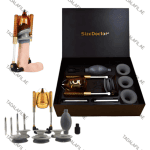 Size Doctor Pro Extender in UAE premium male enhancement kit featuring adjustable extender device, vacuum therapy accessories, silicone comfort rings, support rods, hand pump, and luxury storage box.