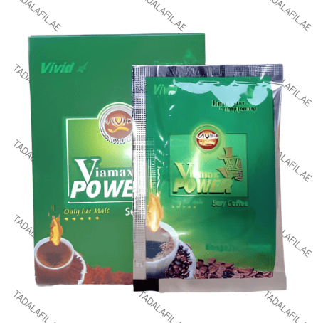 Viamax Power Sexy Coffee for Men Viamax Power Sexy Coffee sachet and green box packaging with coffee cup image and herbal coffee branding for men.