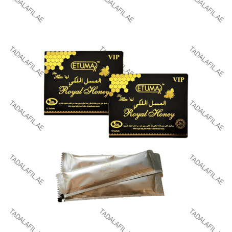 Etumax Royal Honey VIP open display box with honey sachets, black and gold packaging, and honeycomb design graphics.