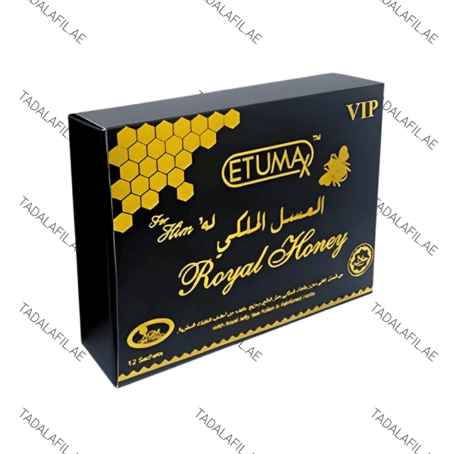 Etumax Royal Honey VIP black and gold box packaging with honeycomb graphics and premium royal honey branding.