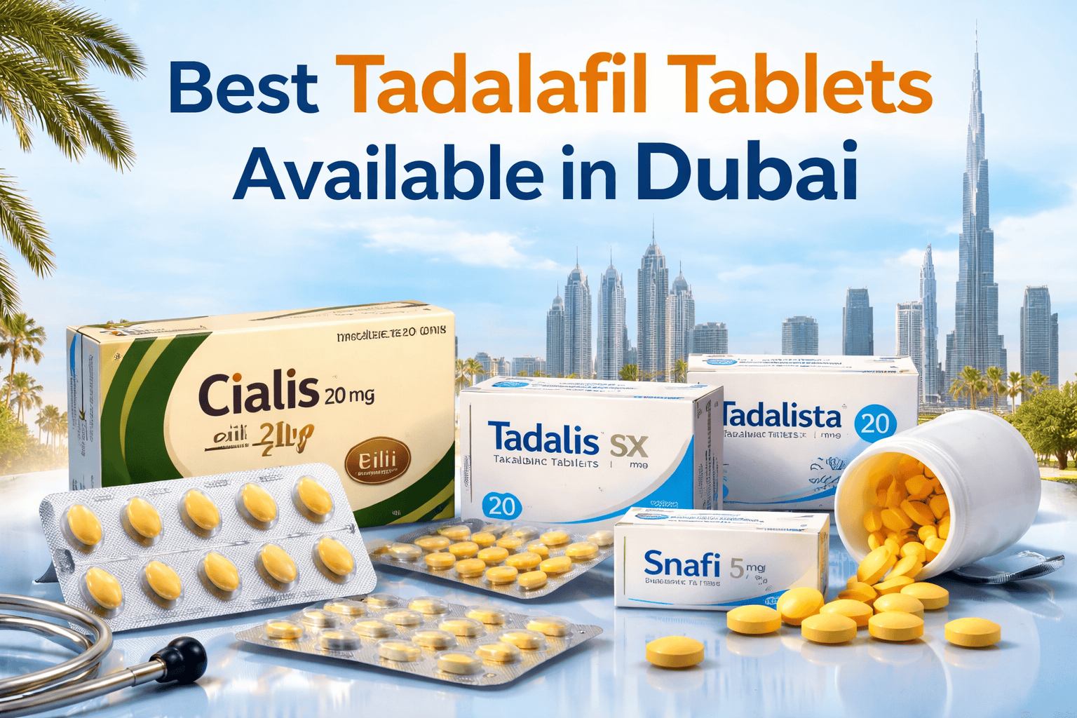 Best tadalafil tablets available in Dubai showing Cialis, Tadalis SX, Tadalista, and Snafi with Dubai skyline background