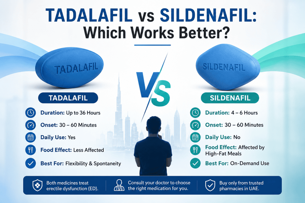 Tadalafil vs Sildenafil comparison infographic showing duration, onset time, and effectiveness for erectile dysfunction treatment