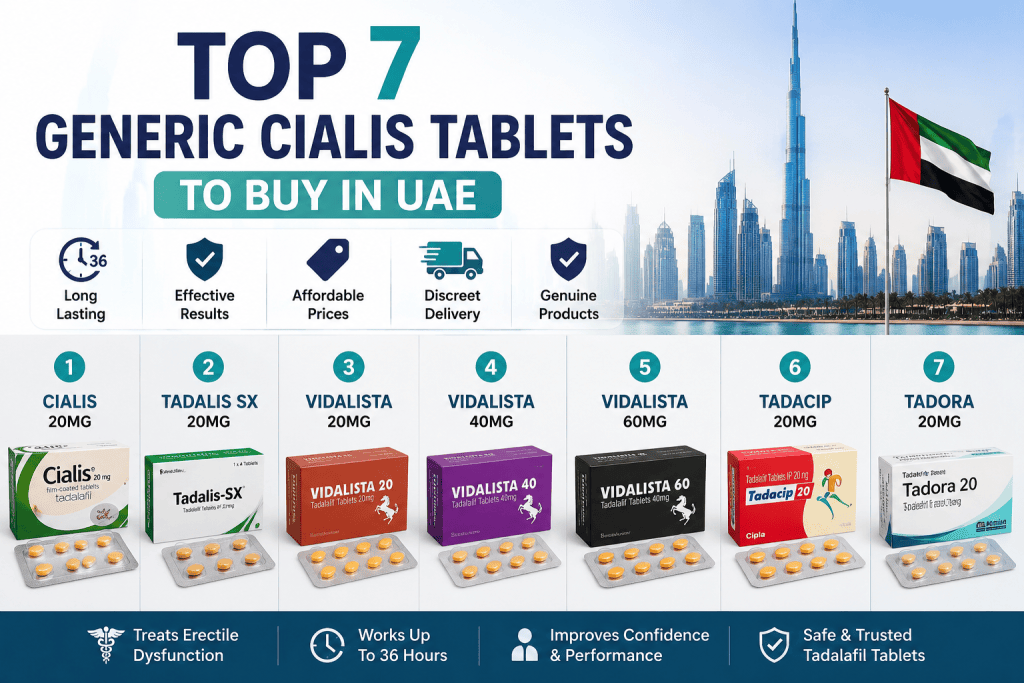 Top 7 Generic Cialis tablets to buy in UAE including Cialis, Vidalista, Tadalis SX, Tadacip, and Tadora.