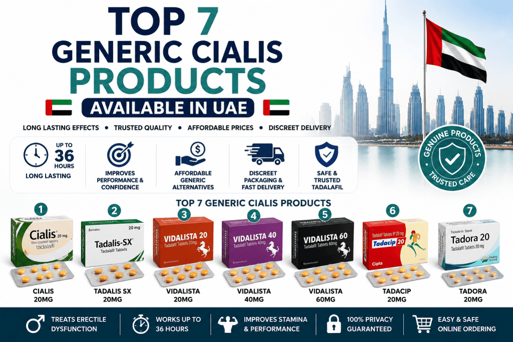 Top 7 Generic Cialis products available in UAE including Cialis 20mg, Tadalis SX, Vidalista, Tadacip, and Tadora tablets.