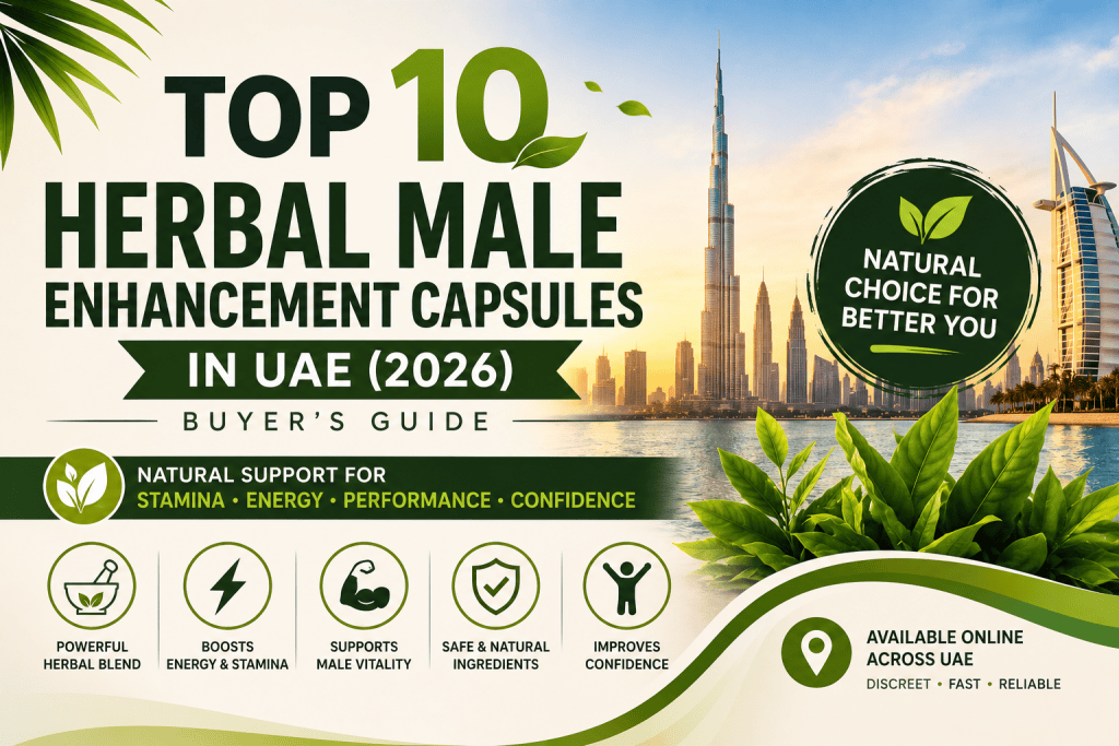 Top 10 Herbal Male Enhancement Capsules in UAE with a natural wellness theme and Dubai skyline.