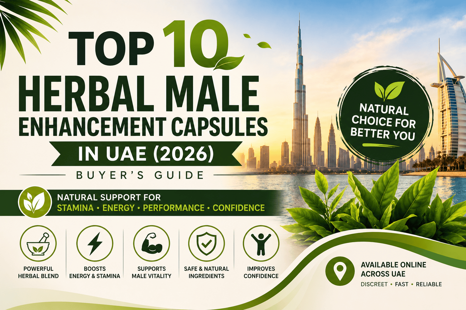 Top 10 Herbal Male Enhancement Capsules in UAE with a natural wellness theme and Dubai skyline.