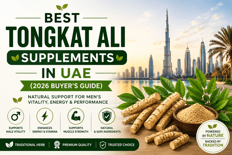 Best Tongkat Ali Supplements in UAE feature image with natural herbal roots and Dubai skyline.